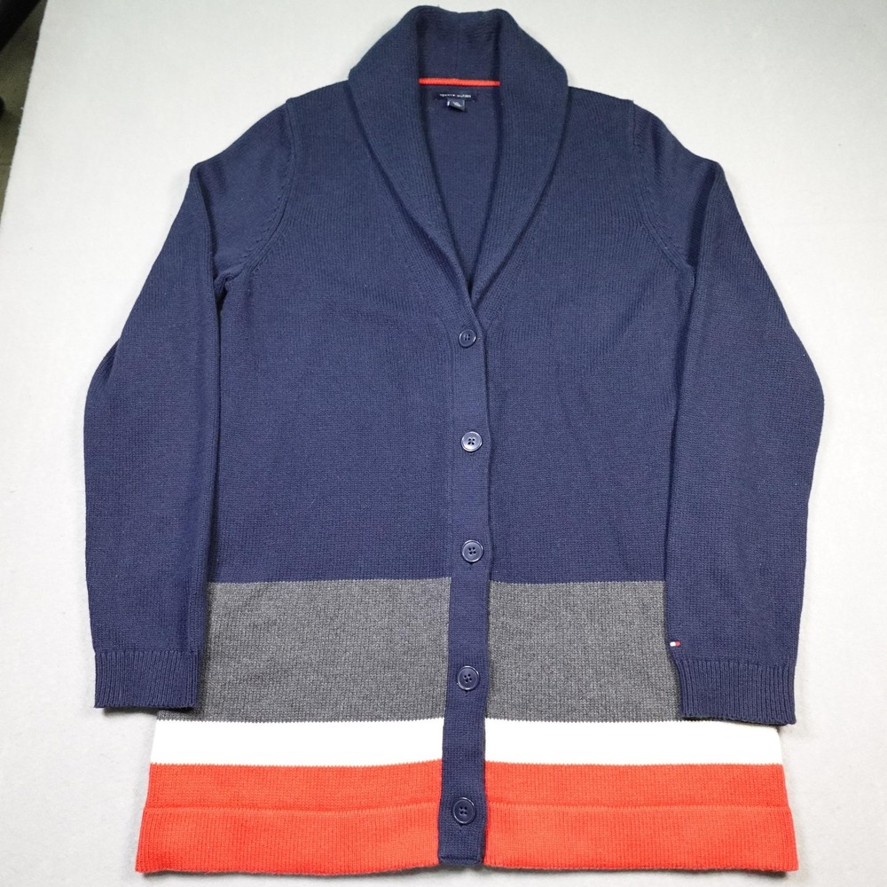 Tommy Hilfiger Sweater Womens Large Navy Shawl Collar Cardigan Colorblock Knit